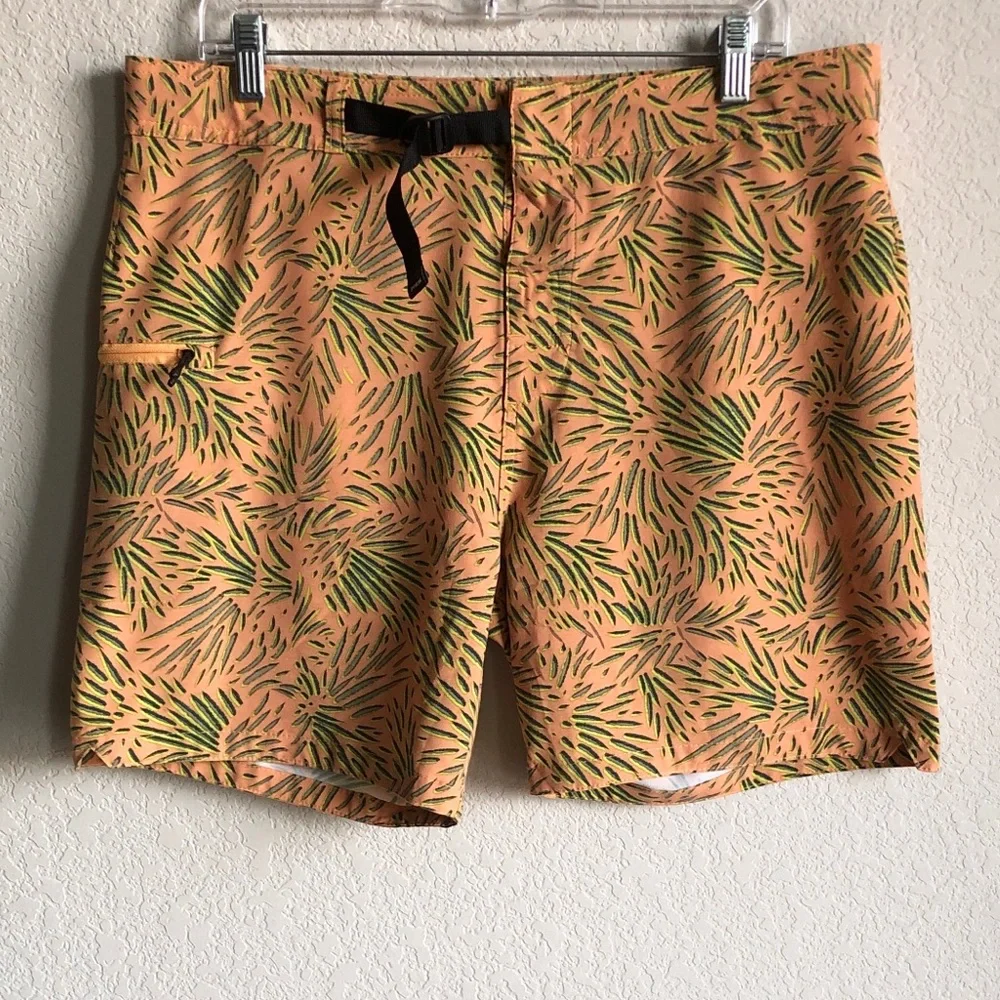 Prana Mens Rock Shock Swim Shorts Waist Belt Orange Pattern 34 6”